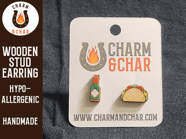 Perfect Match Wood Stud Earrings - Taco and Hot Sauce - Food Fashion Earring - Stud Earring - Charm and Char